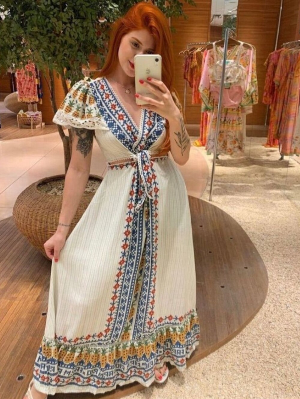 FARM Rio Maxi Dress White Floral Blue Tropical Cut Outs Sleeves Size XL